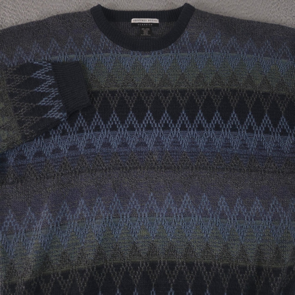 VINTAGE Geoffrey Beene Sweater Mens XXL Blue Geometric Intarsia Knit Y2K 90s